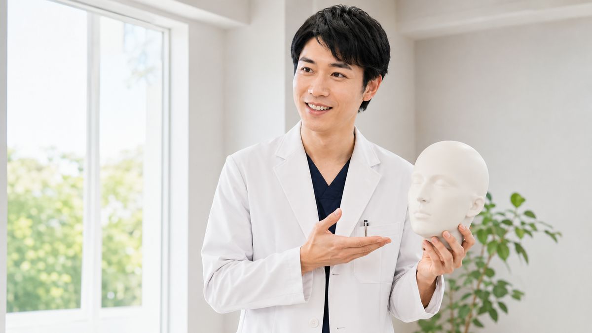 糸リフトが戻る理由を顔の模型で説明する男性医師