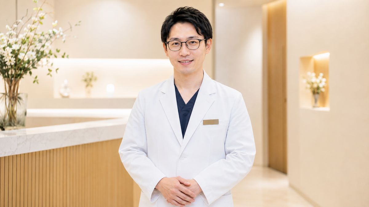 クリニックの室内で手を重ねてほほえむ男性医師