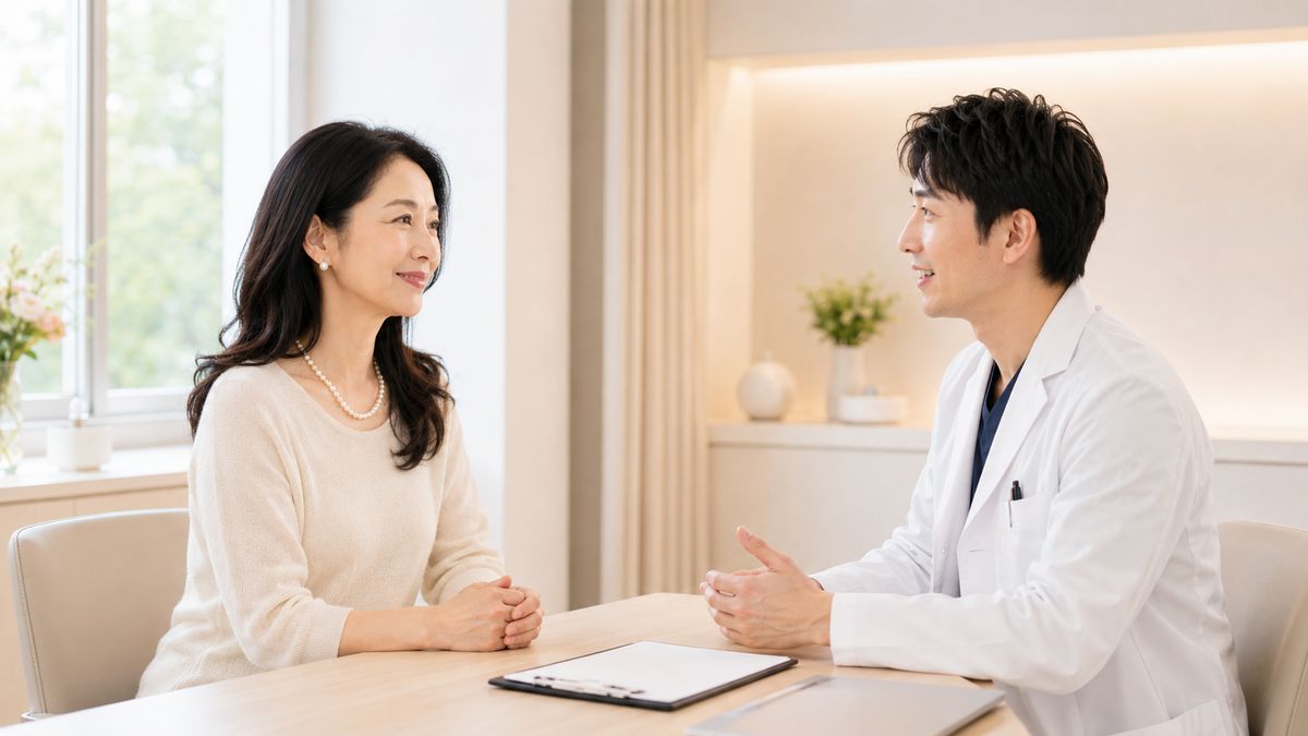 デスクを挟んで向かい合って話す女性と男性医師