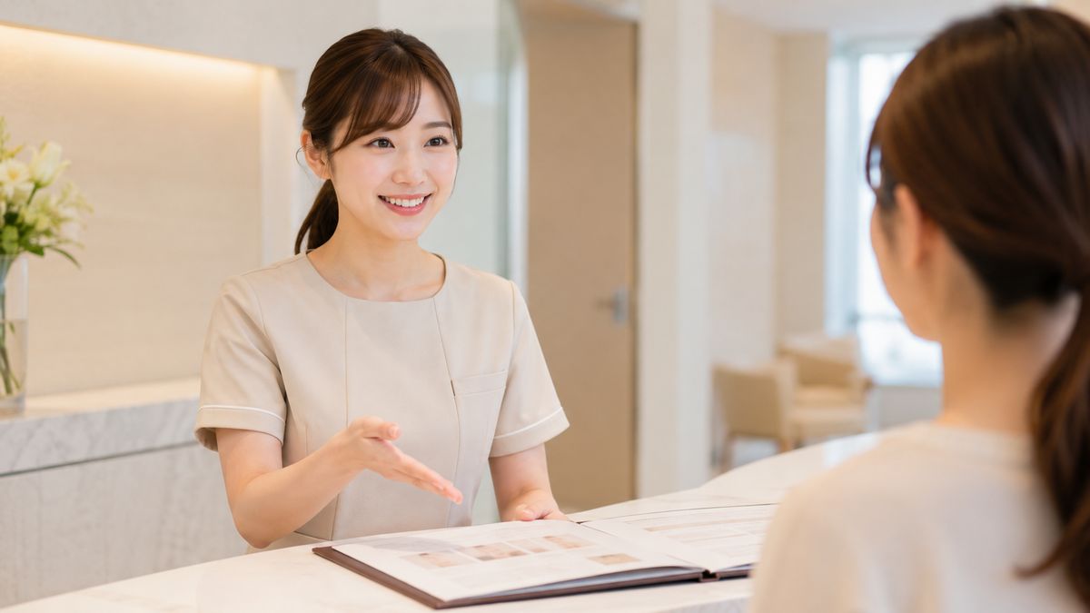 PRP治療の流れと経過を受付で案内するスタッフ