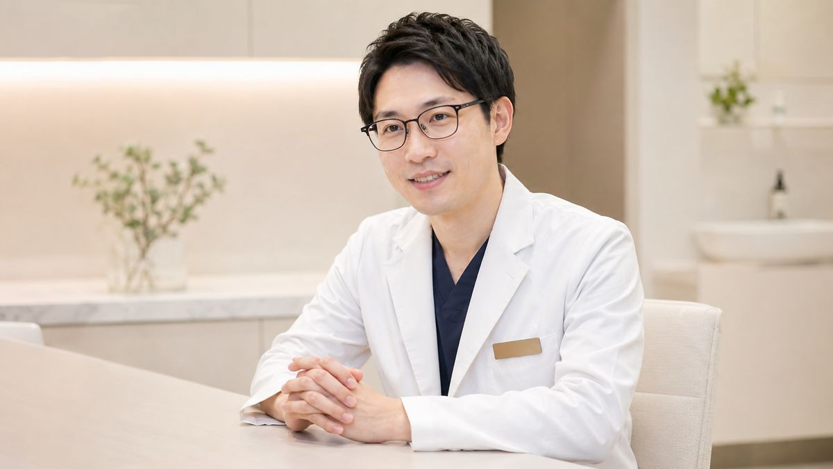 診察室で前かがみに穏やかに話す眼鏡の男性医師