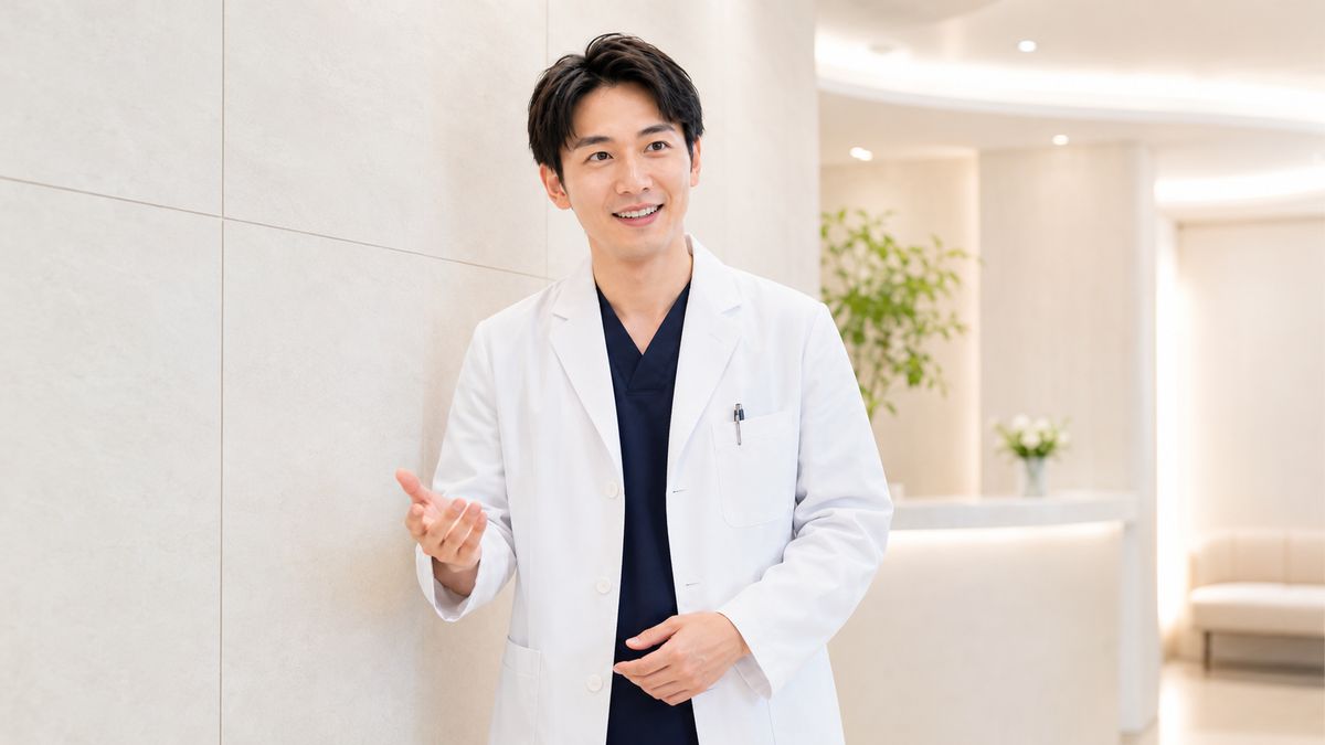 壁際に立って手ぶりで説明する白衣の男性医師