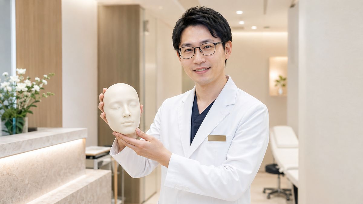顔の模型を手に持って説明する眼鏡の男性医師