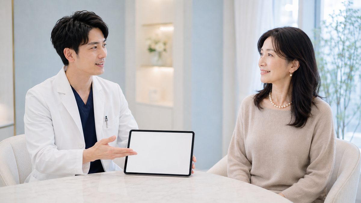 テーブルでタブレットを見せる男性医師と、向かい合って話を聞く女性