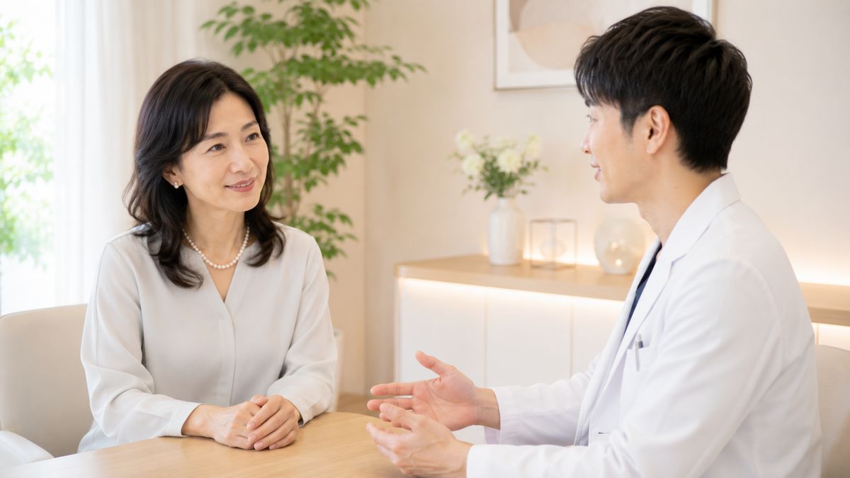 向かい合って対話する女性と男性医師