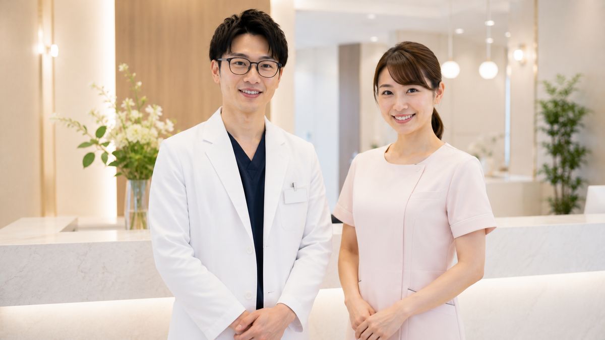受付前に並んで立つ男性医師と女性スタッフ