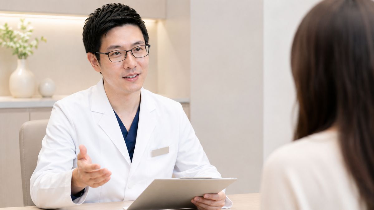 診察室で着席して説明する眼鏡の男性医師