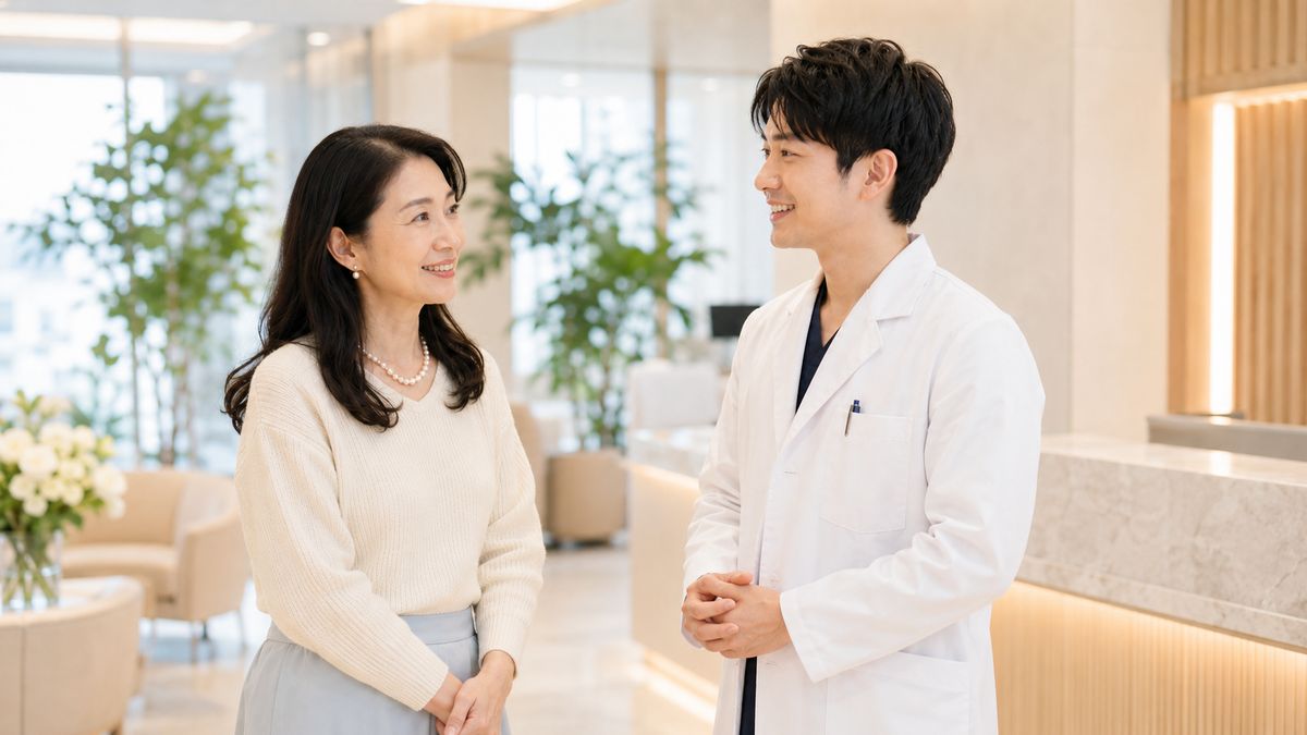 クリニックのエントランスで話す女性と男性医師