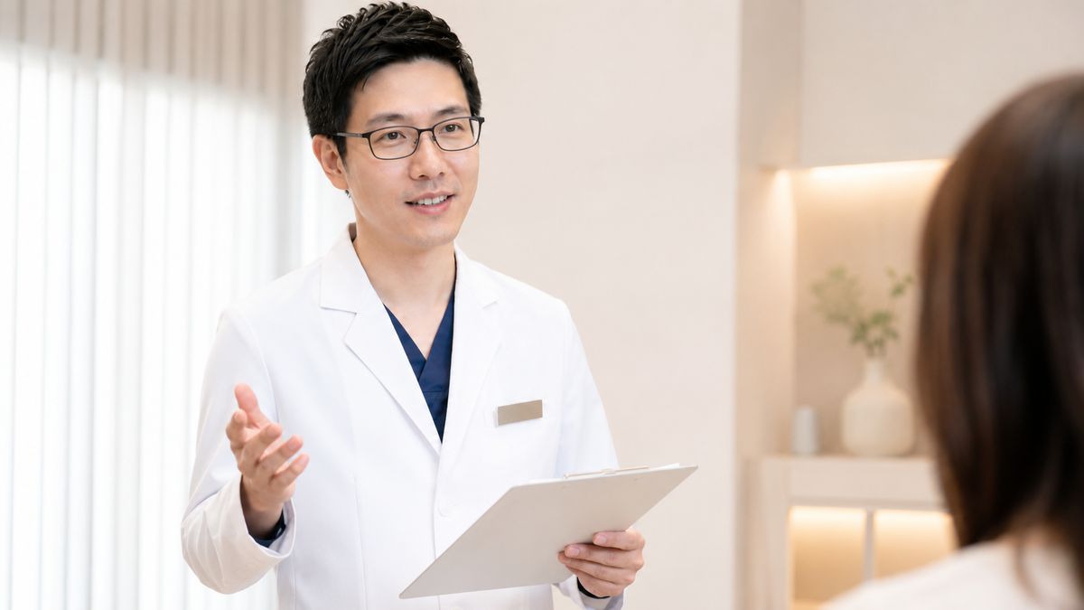 診察室で立って説明する眼鏡の男性医師