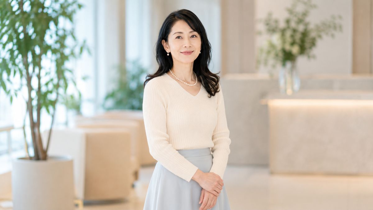 明るい院内で前を向いて立つ女性