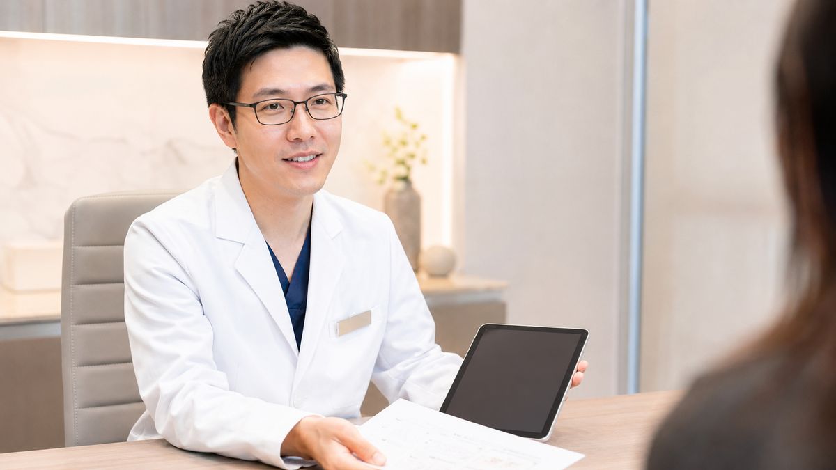 デスクで資料を手に説明する男性医師