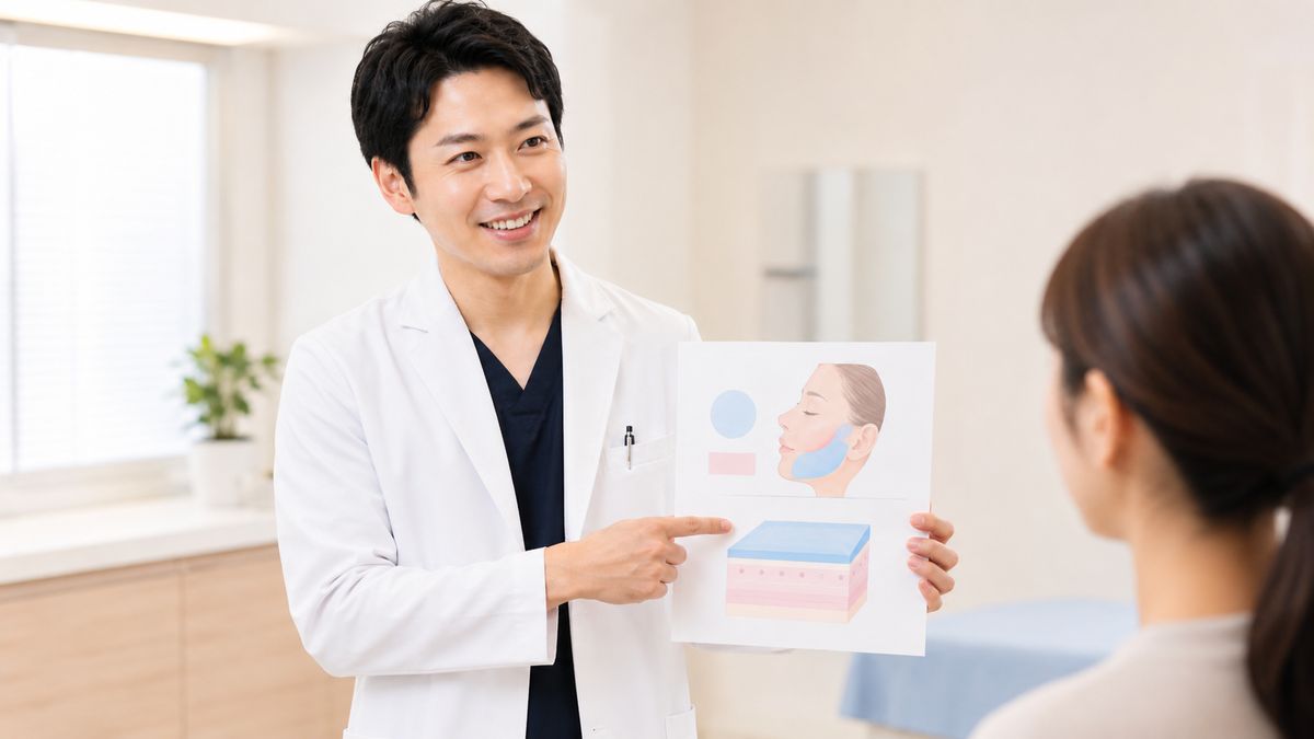診察室で資料を示しながら説明する男性医師