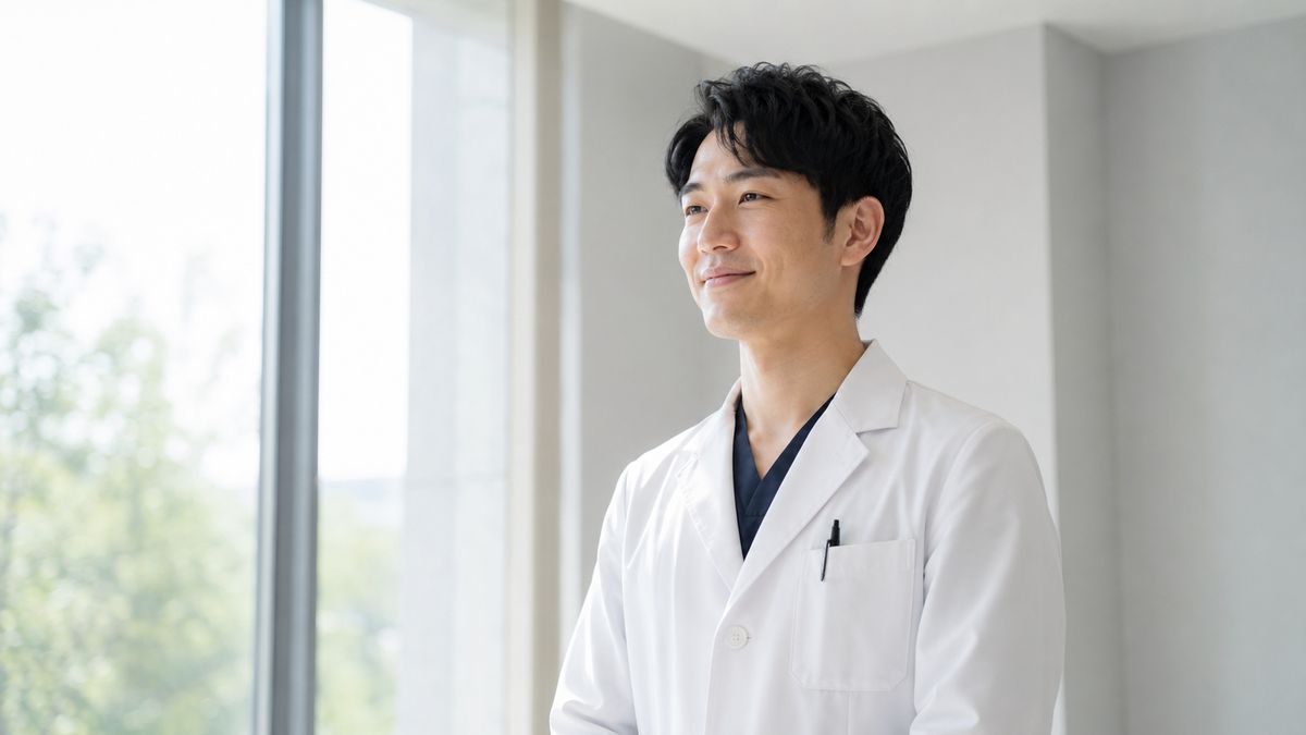 診察室の窓際に立つ白衣の男性医師
