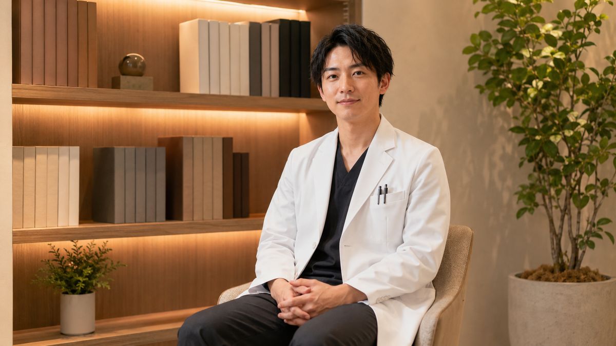 書架のあるコーナーで椅子に腰かける白衣の男性医師