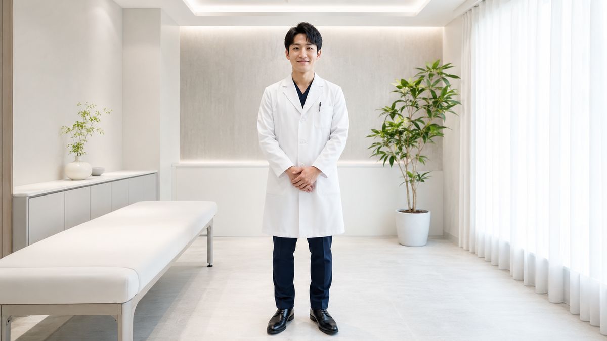 明るい診察室の中央に立つ白衣の男性医師