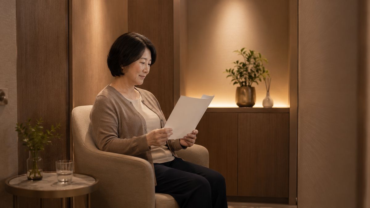 個室の相談ブースで書類を手に座る女性