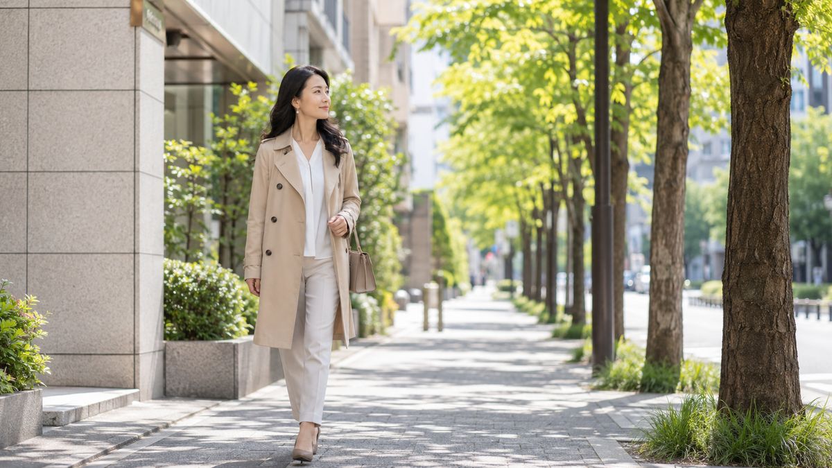 街路樹のある歩道を歩く女性