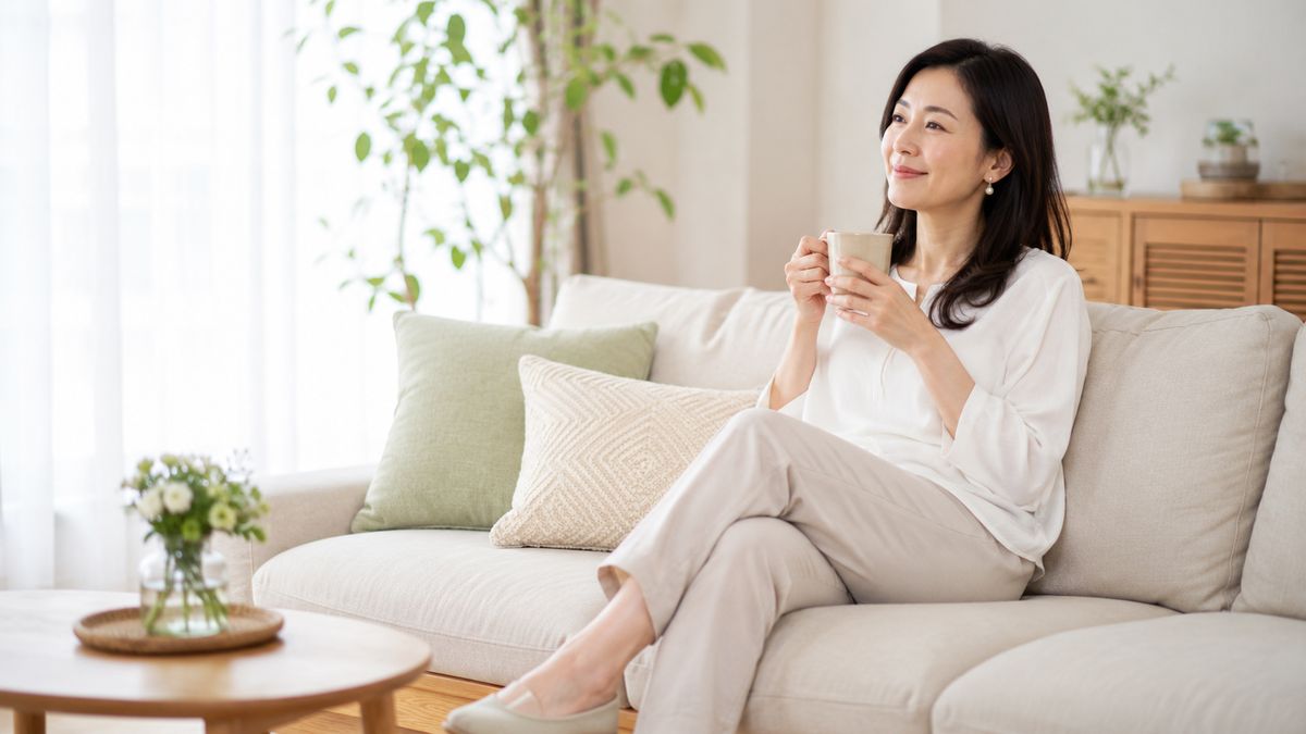 自宅のソファでくつろぐ女性