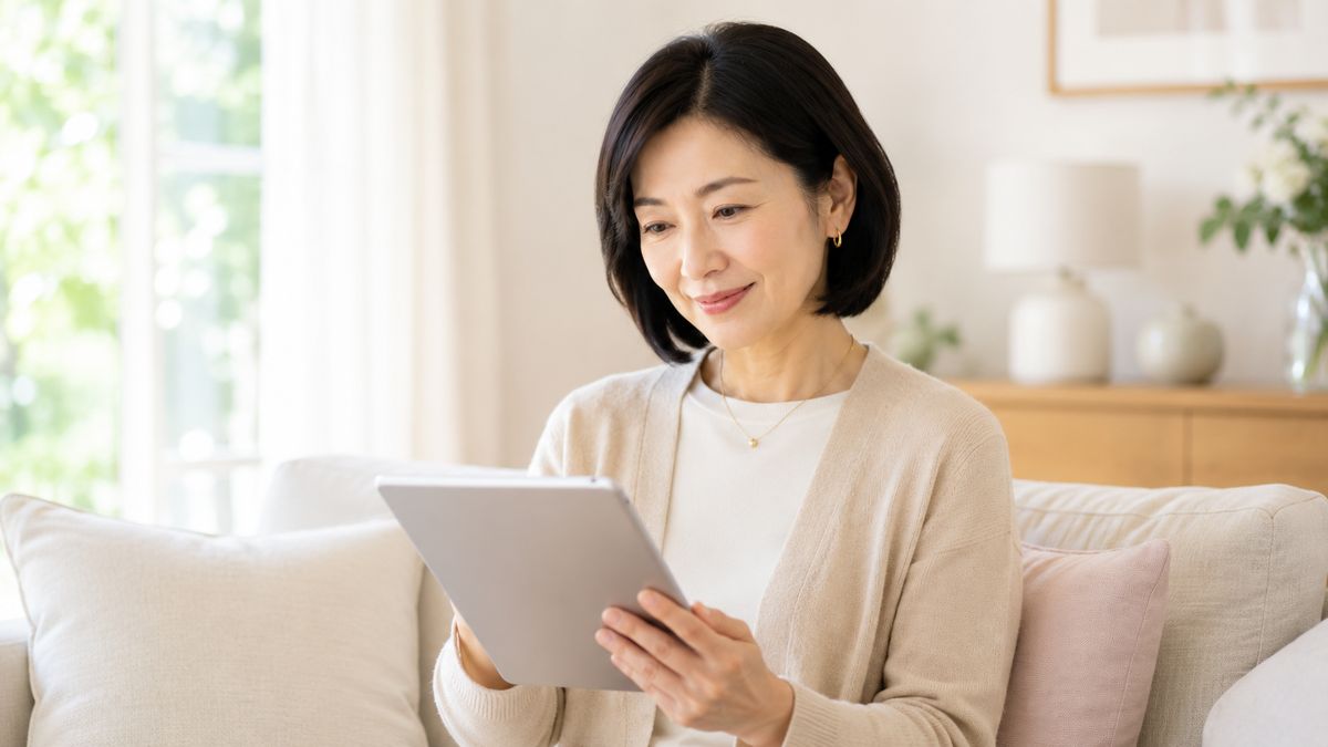 ソファでタブレットを見ながら考える女性