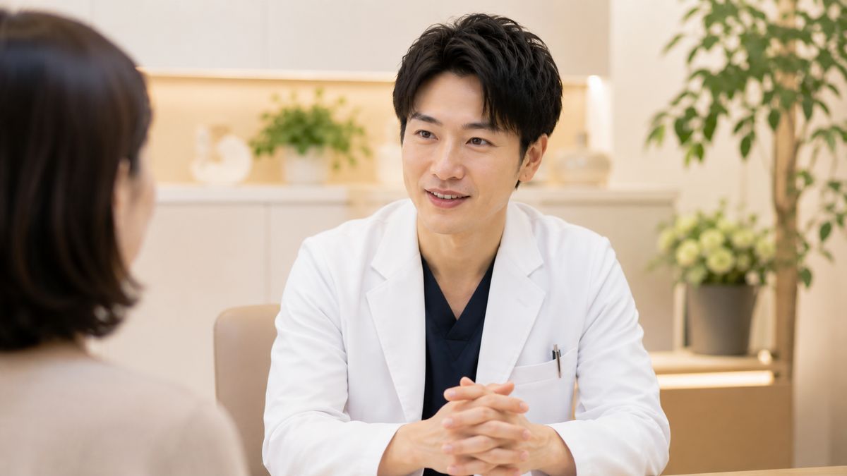 診察室で手を組んで穏やかに説明する男性医師