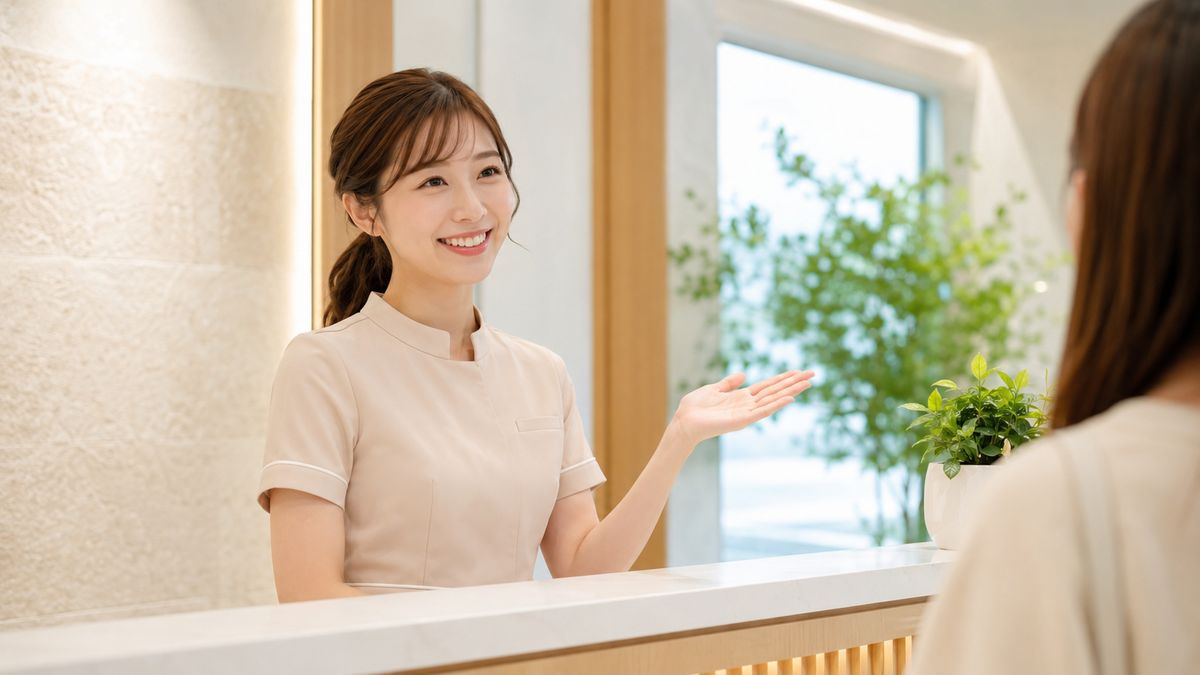 受付カウンターで案内するスタッフ