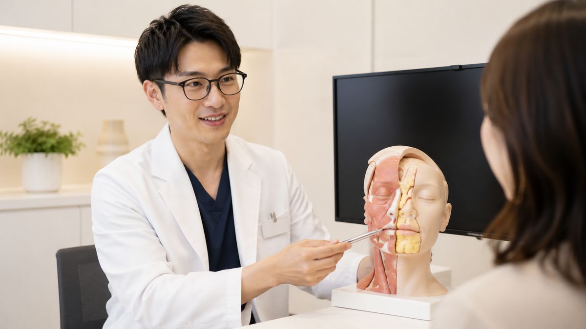 顔の模型を指し示して説明する眼鏡の男性医師