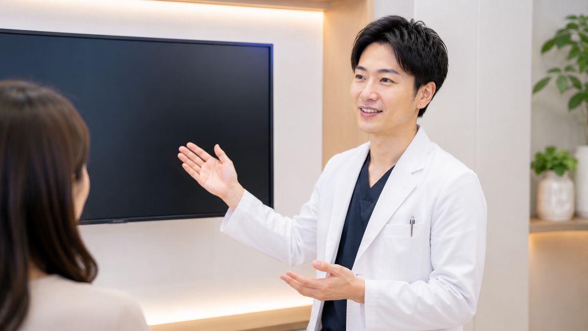 画面のそばで説明する男性医師