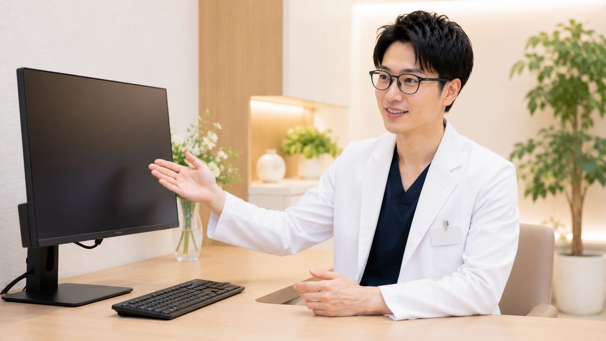デスクでモニターを示して説明する眼鏡の男性医師