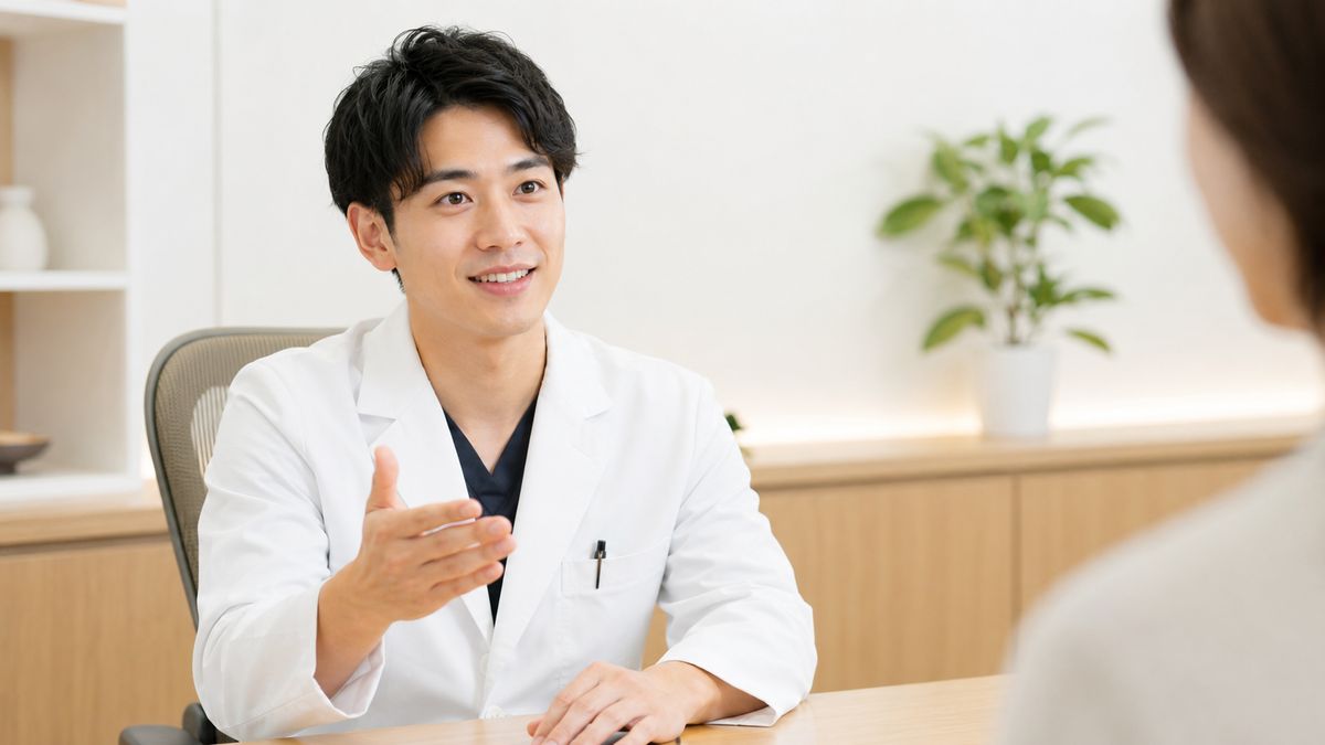 デスクで説明する白衣の男性医師