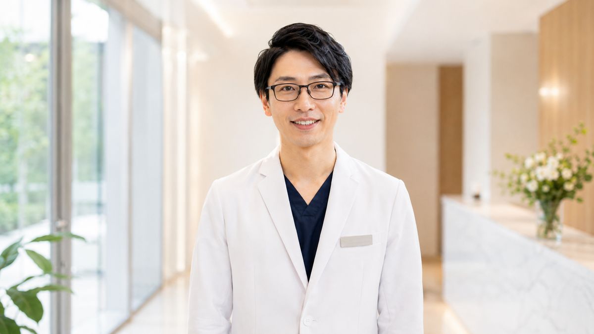 クリニックの入口に立つ男性医師