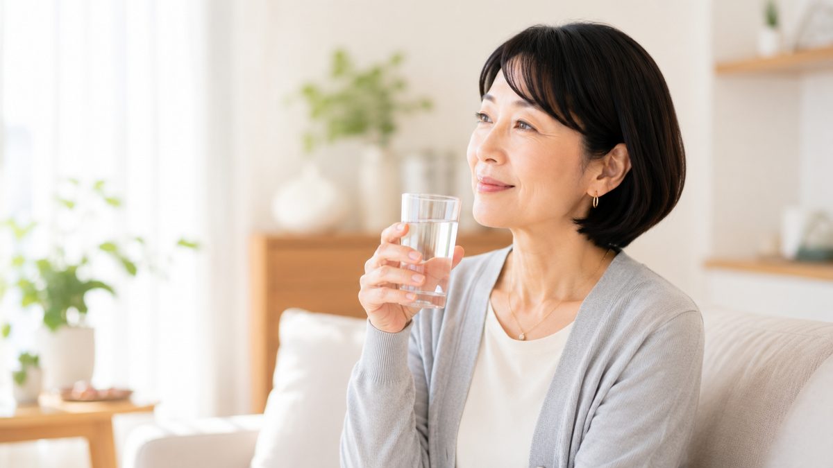 自宅で水の入ったグラスを持つ女性