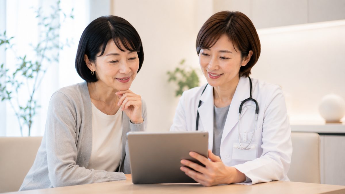 タブレットを見ながら相談する女性と女性医師