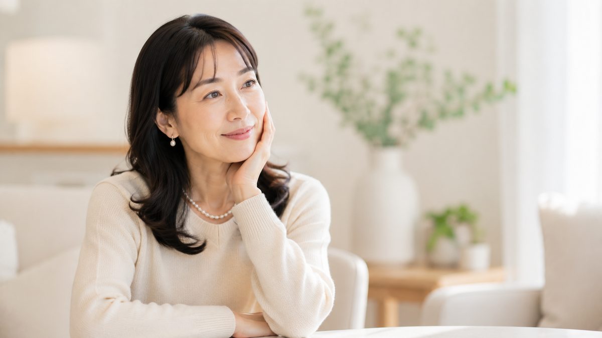相談スペースで頬に手を添えて考える女性