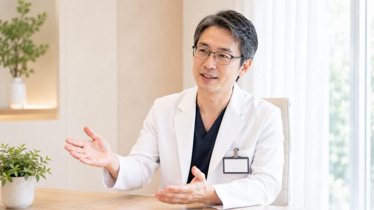着席して穏やかに話す眼鏡の男性医師