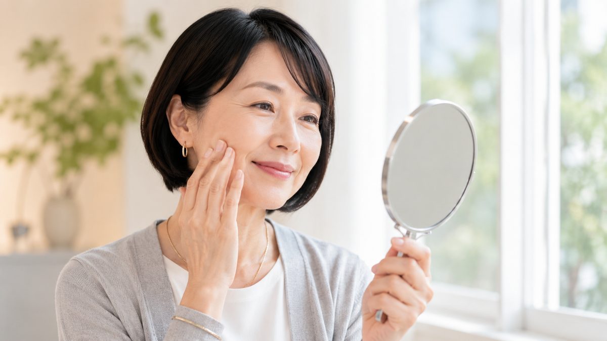 手鏡を見ながら頬に触れる女性