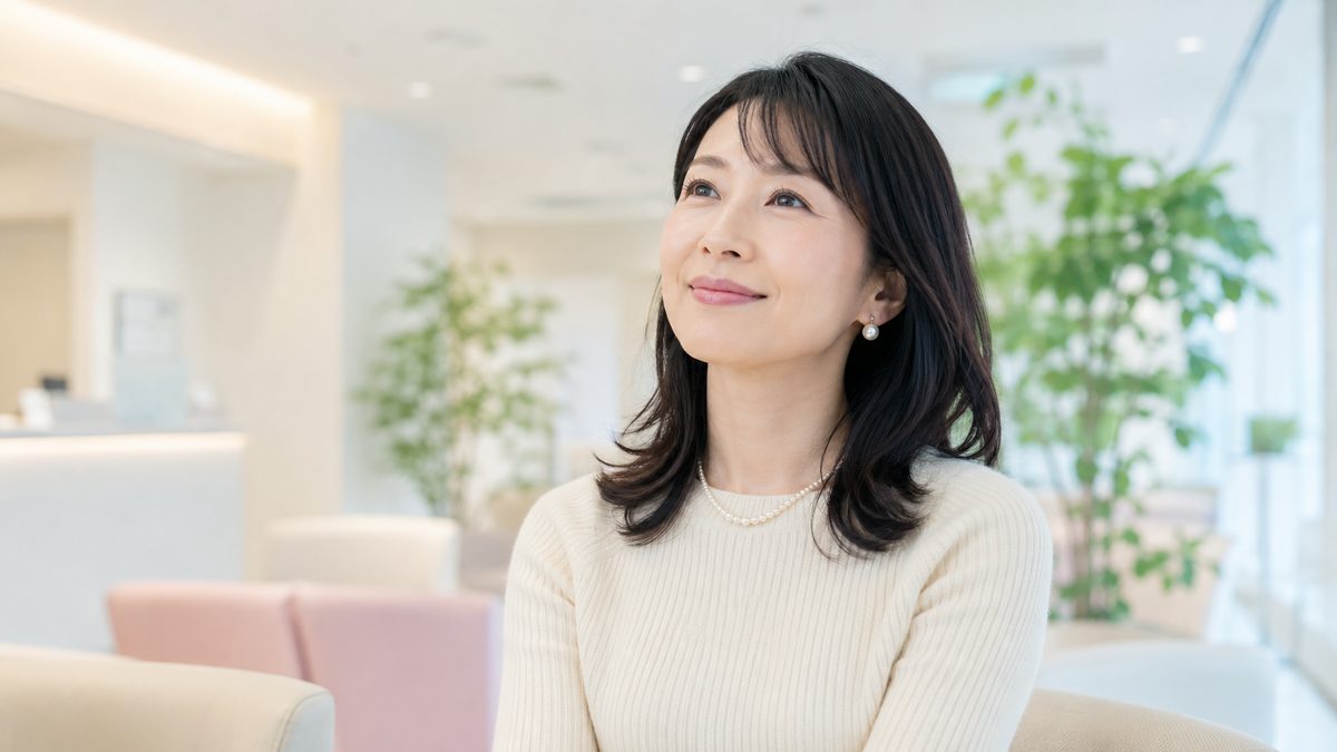 明るいクリニックの待合で優しく微笑む女性
