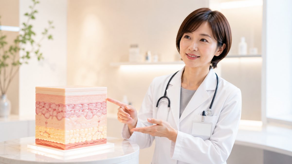肌の模型の横で説明する白衣の女性医師