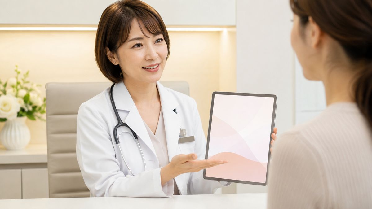 白衣の女性医師が資料を示しながら説明している様子