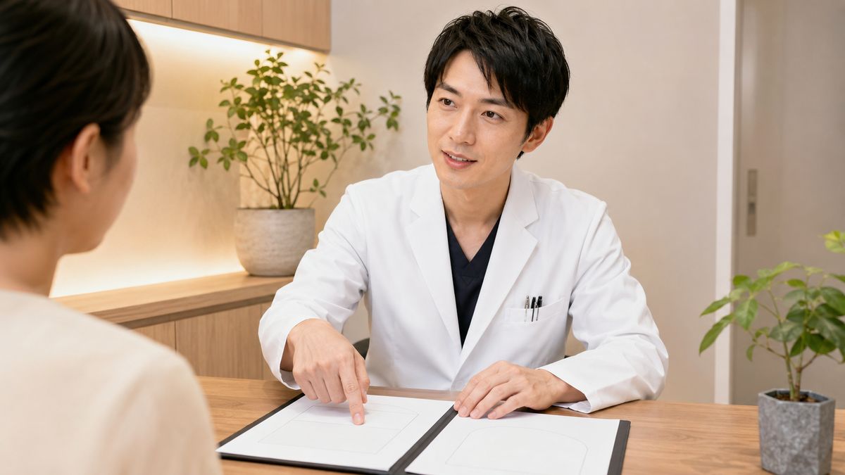 白衣の男性医師がカウンセリングデスクで説明している様子