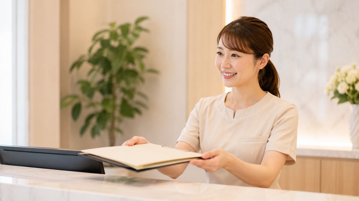 受付スタッフが書類を扱いながら案内している様子