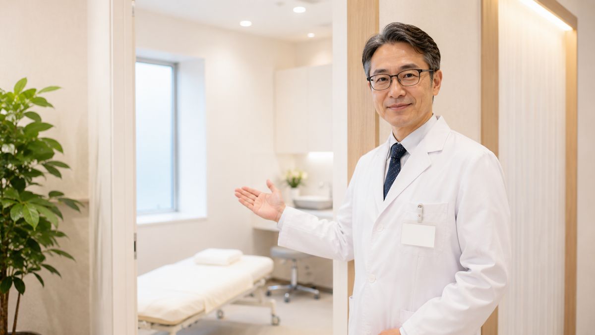 白衣の男性医師が処置室の前で案内している様子