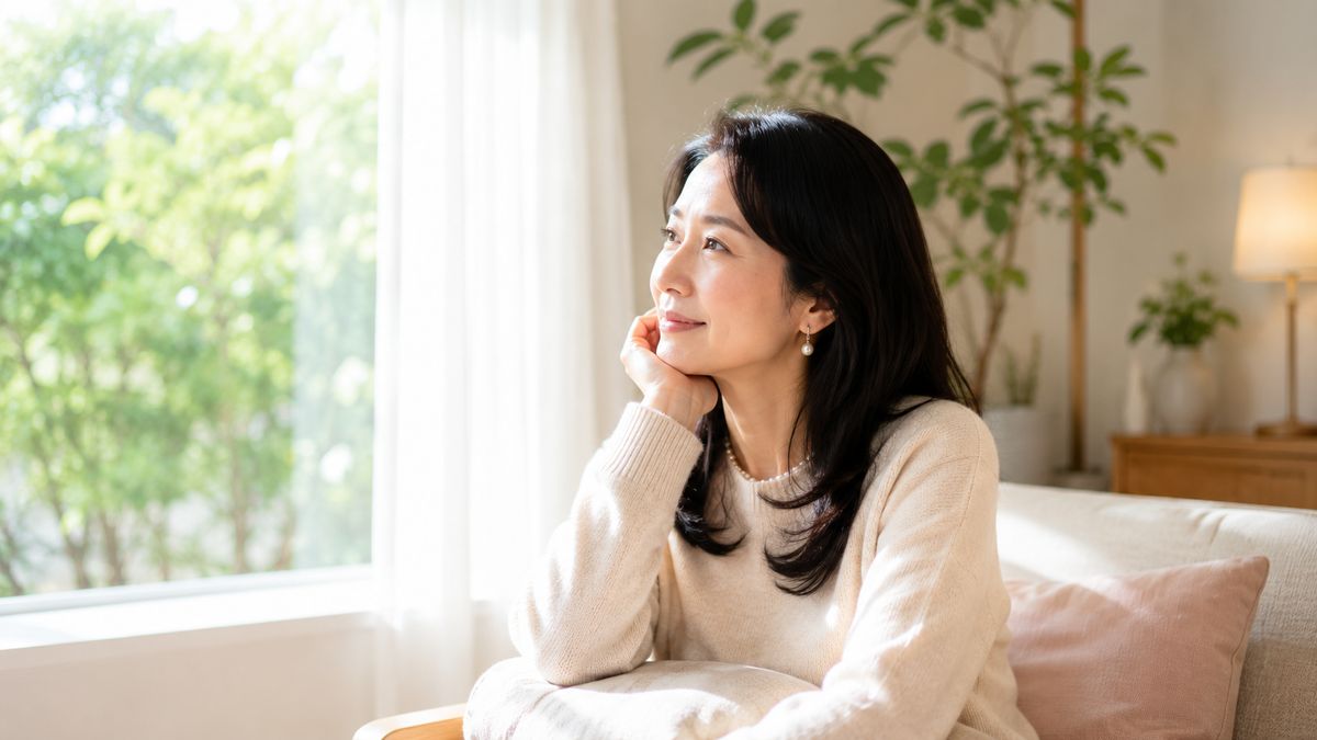 窓辺で穏やかに外を眺める女性