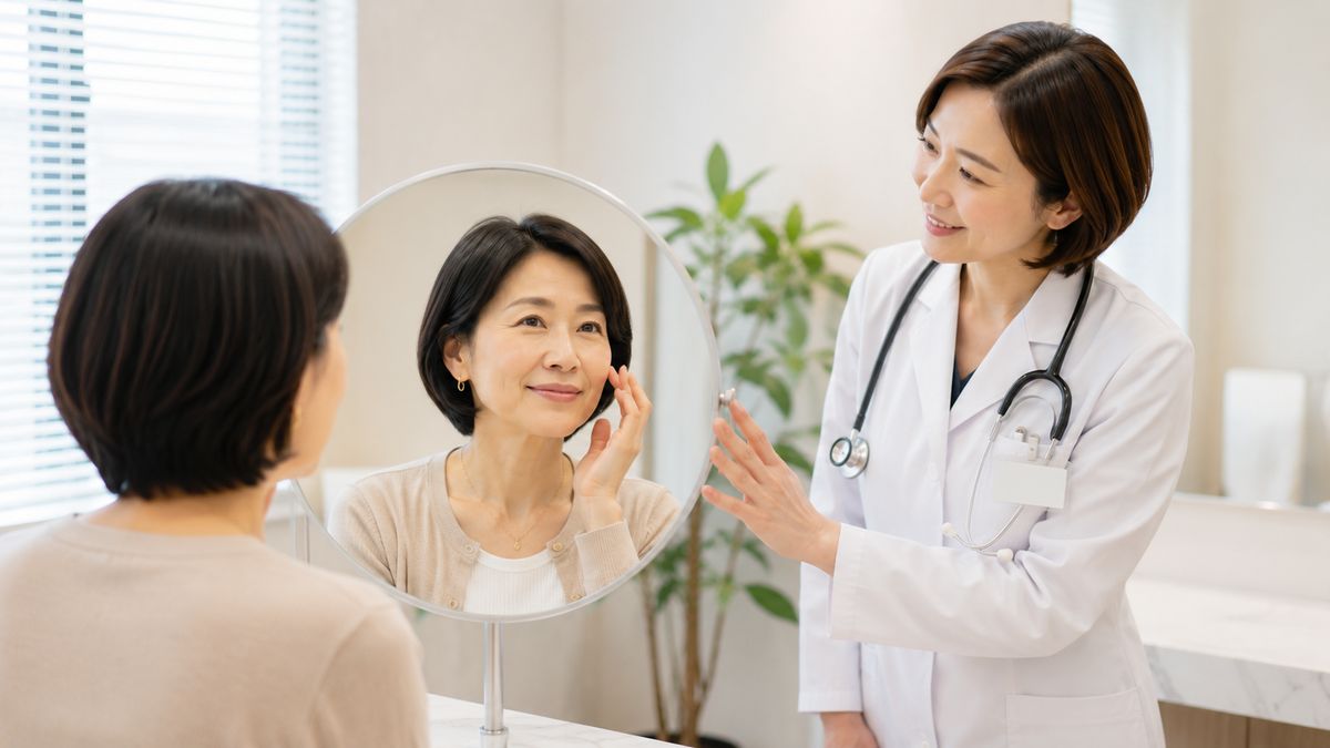 鏡の前で女性医師と患者が相談している様子