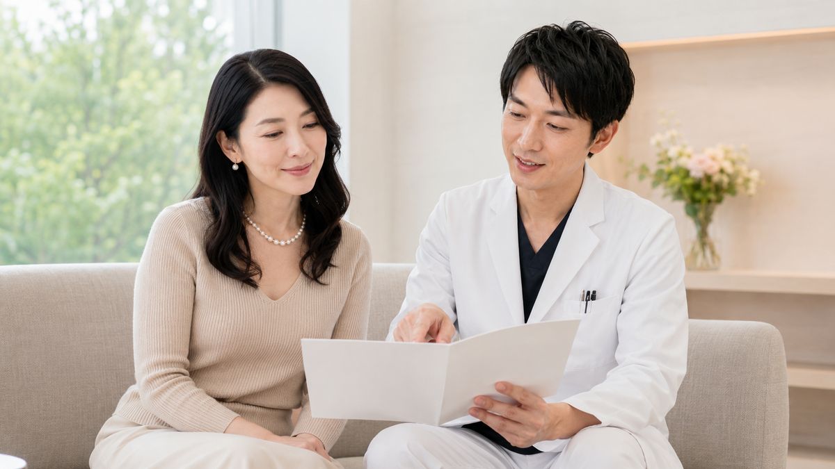 ソファで患者と男性医師が資料を見ながら話している様子