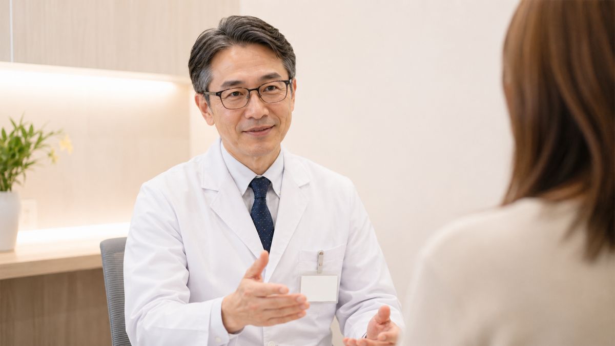 診察室で男性医師が落ち着いた様子で説明している様子
