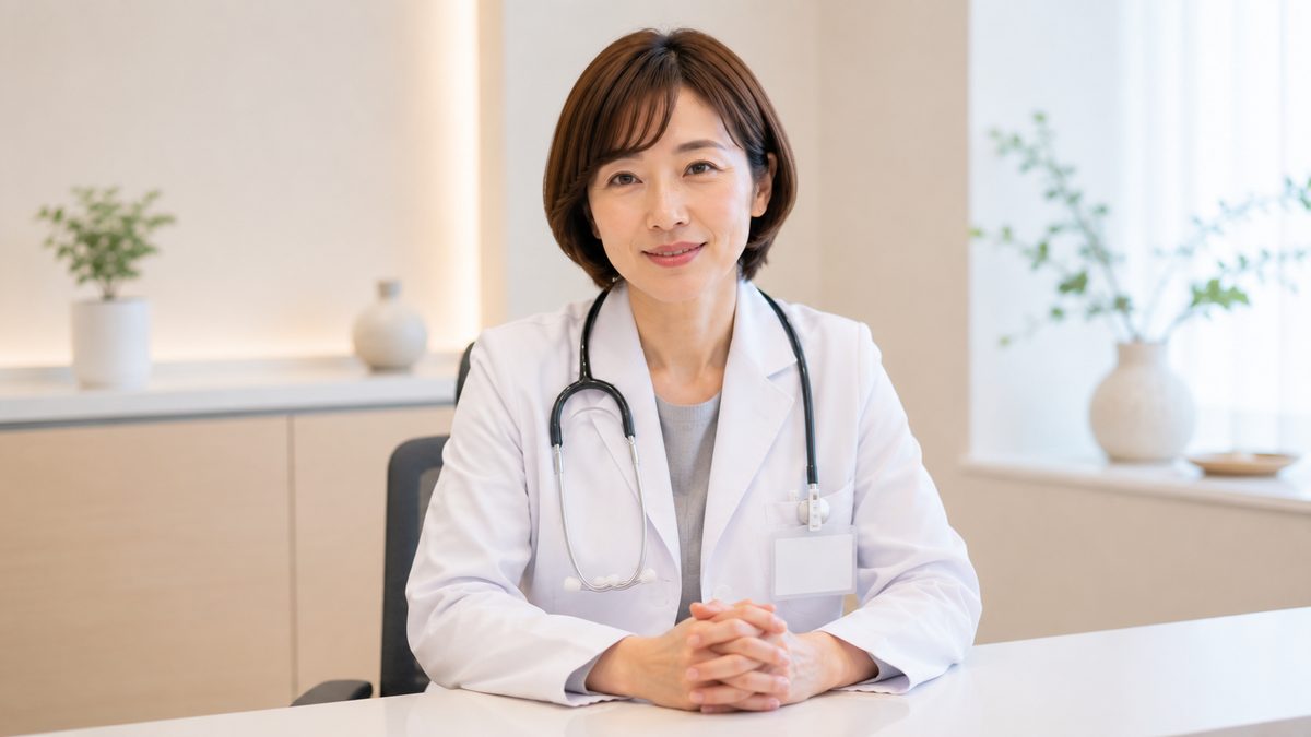 机で手を組み説明する白衣の女性医師