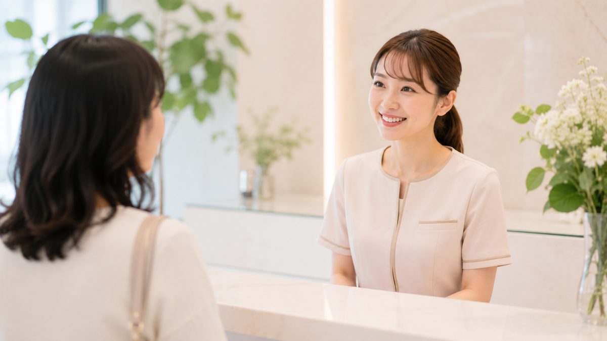 クリニックの受付で微笑むスタッフ