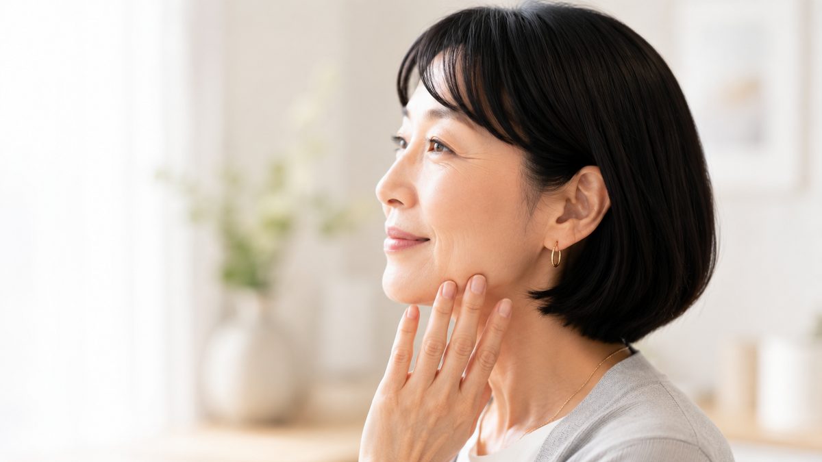 頬に指を添えた女性の横顔