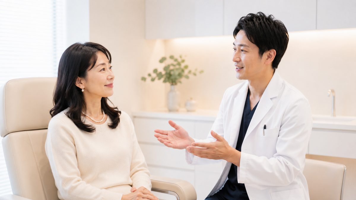 明るい処置室で医師と話す女性