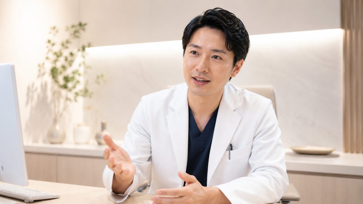 デスクで説明する白衣の男性医師